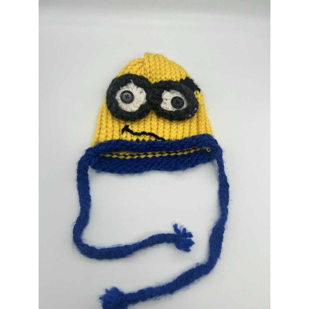 Handmade Crochet Minion Inspired Hat Beanie Yellow Blue Kids Ear Flaps